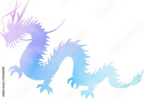 龍のカラーシルエット ブルーの水彩テクスチャ