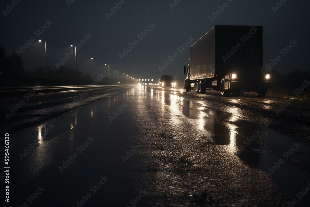 3D-rendered highway on a dark, wet background. Generative AI