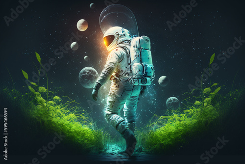 An astronaut walks through a field with planets in the background. © Ozis
