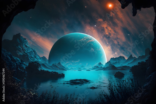 A planet in the water with a blue planet in the background