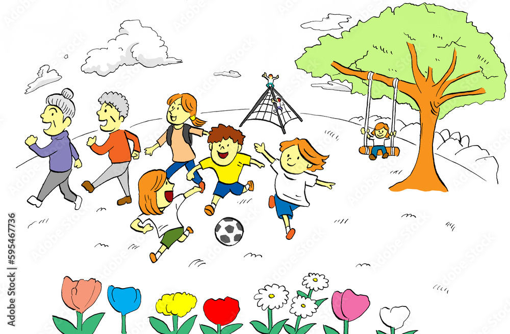 子どもたちがサッカーをして遊び、大人や高齢者がウォーキングする緑豊かな公園のイラスト（一部カラー）