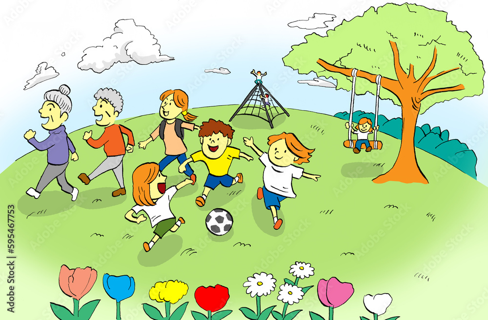 Obraz premium 子どもたちがサッカーをして遊び、大人や高齢者がウォーキングする緑豊かな公園のイラスト（青空）
