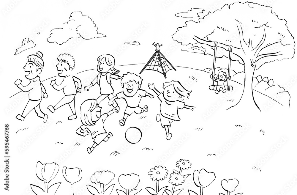 Obraz premium 子どもたちがサッカーをして遊び、大人や高齢者がウォーキングする緑豊かな公園のイラスト（線画）