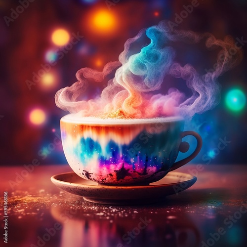 Cup of coffee, cappuccino, latte or other hot drink with heon glowing steam, blurred background with bokeh. The concept of holiday, comfort, magic dreams, print, poster, postcard. AI generated. photo