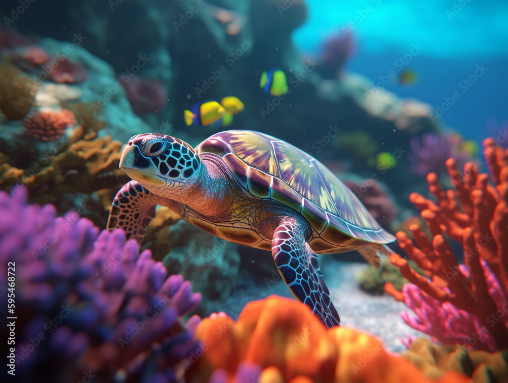 Fototapeta premium A turtle swimming in a coral reef