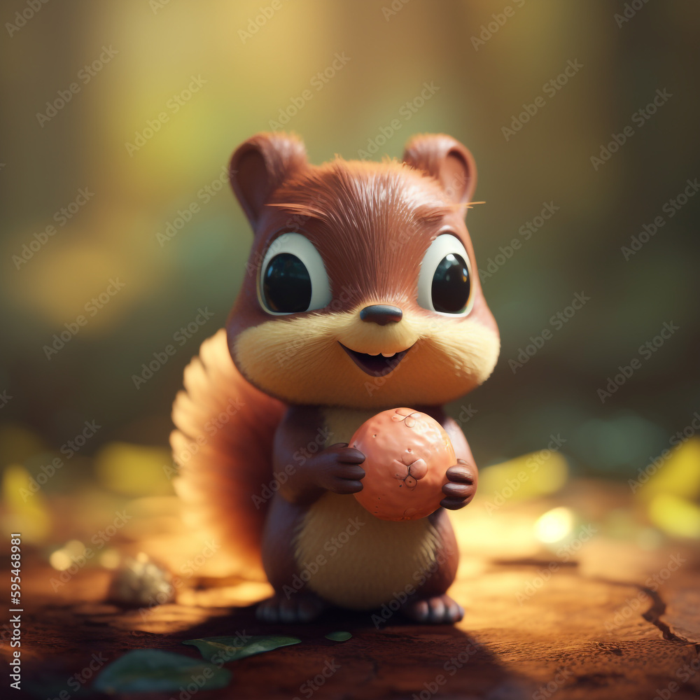 Naklejka premium A squirrel with a ball in his hand is holding a nut.