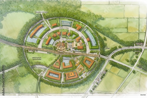 master plan of urban landscape design or urban architecture drawing add rough sketch style by hand  created by generative AI photo