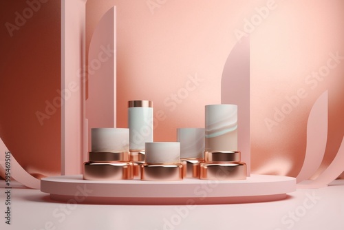 Abstract stage with four white podiums on pastel pink and gold background. Pedestal for cosmetic product display mockups. Generative AI