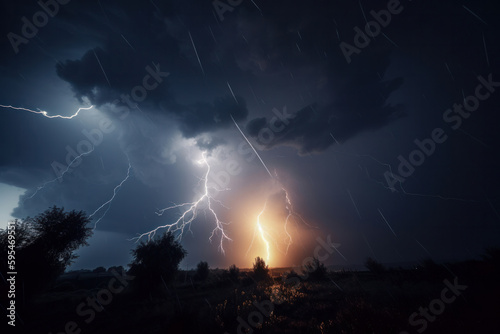 The striking and beautiful scenery of a storm approaching a rural landscape, with dark clouds and dramatic lightning creating an intense atmosphere. AI Generative.