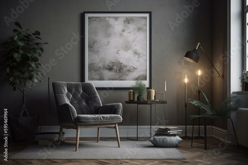Mockup of a poster in a grey living room with an armchair and small table by the window. Generative AI