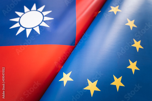 Flags European Union and taiwan. concept of international relations between countries. The state of governments.