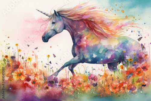 Create a vibrant watercolor painting of a unicorn standing among a meadow of colorful wildflowers, with a flock of birds, Generative Ai
