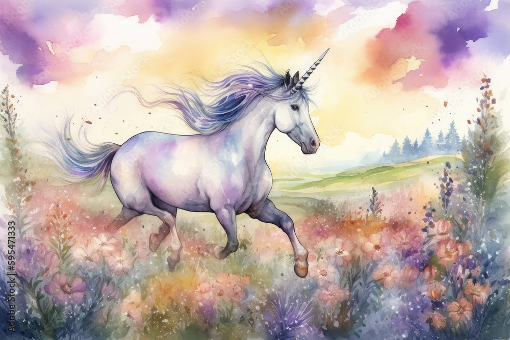 a dreamy watercolor image of a unicorn and Pegasus prancing through a field of lavender flowers, with a rainbow shining in the sky above, Generative Ai