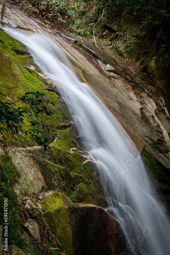 Beautiful and serene waterfall at Jakuchi Gorge, Goryu Falls, 7 falls hike in Iwakuni, Yamaguchi prefecture, Japan.