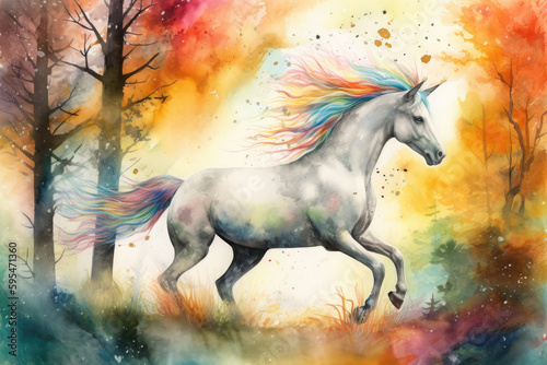 Illustrate a magical watercolor artwork of a unicorn running through a forest of colorful trees with a rainbow waterfall in the background, Generative Ai