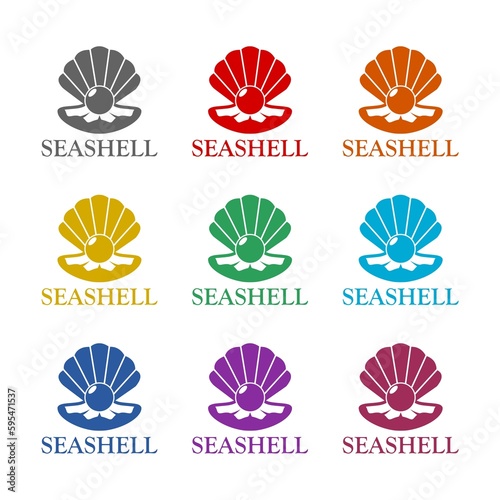 Seashell with pearl logo icon isolated on white background. Set icons colorful