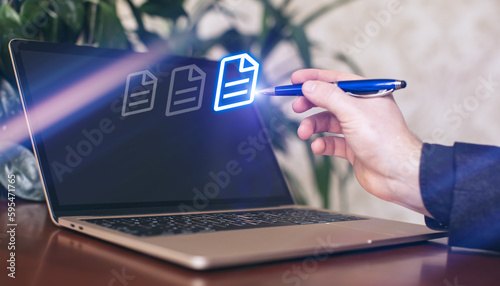 Online documentation management system concept, Businessman using tablet