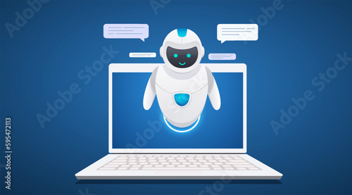 AI digital chat bot, intelligent conversation assistant on laptop. Artificial intelligence talking, answering questions. Concept internet helper for dialogue.