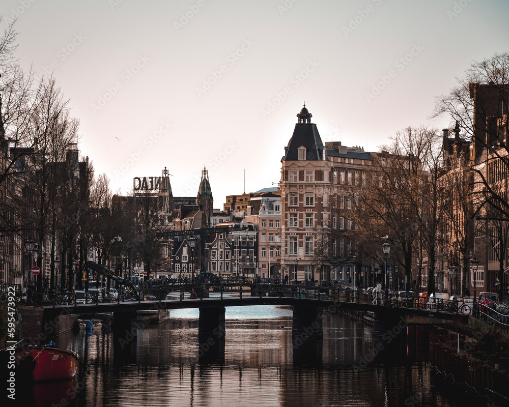 Panoramic view of the canal in the city of Amsterdam
