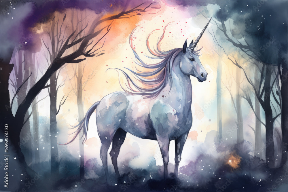 a watercolor picture of a unicorn in a dark, eerie forest with glowing eyes, surrounded by twisted trees and vines