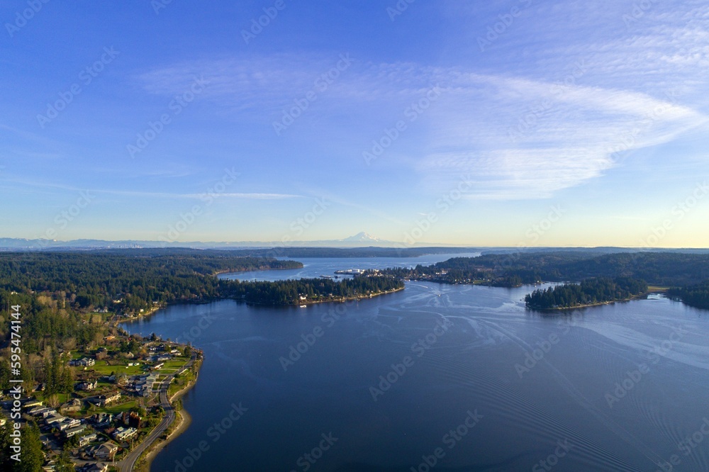 Aerial view of Mount Rainier and Liberty Bay from Poulsbo, Washington