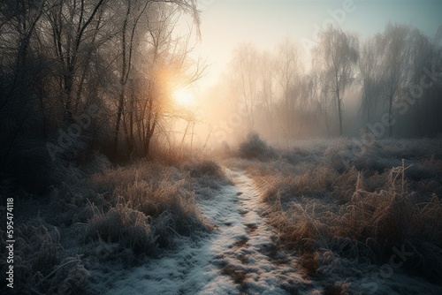A forest path blanketed in snow during sunrise in winter. Generative AI © Danilo