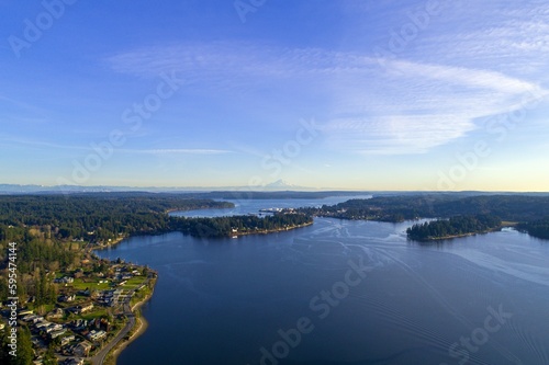 Aerial view of Mount Rainier and Liberty Bay from Poulsbo  Washington