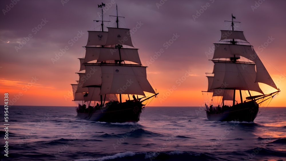 A pirate ship sails through the dark, choppy waters of the open sea under the cover of night