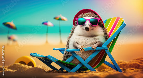 hedgehog wearing sunglassesand hat sitted on a chair on a beach, pet influencer concept, generative ai illustration with copy space © NAITZTOYA
