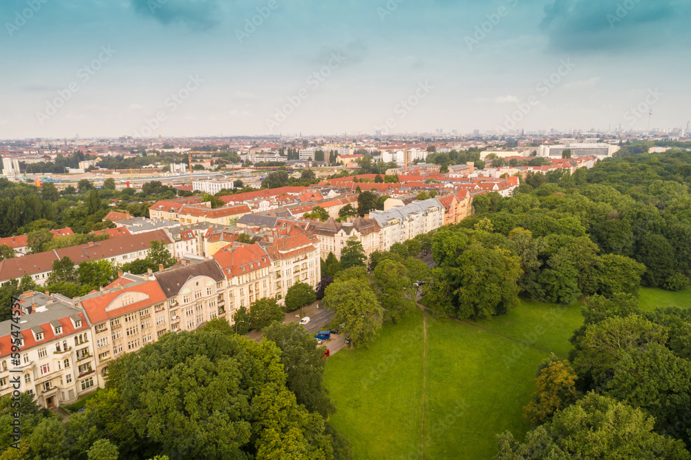 Aerial view of Treptower park and the skyline of Berlin, Germany