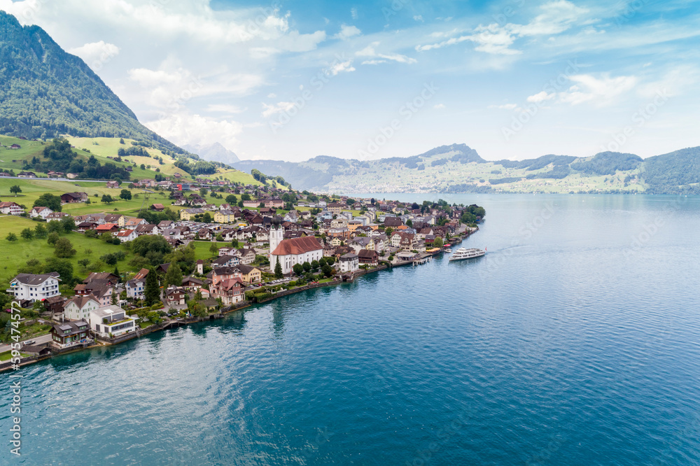 Aerial view of Beckenried on Lake Lucern, Switzerland