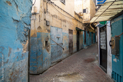 Kasbah in medina with blue painted houses, Tangier, Morocco