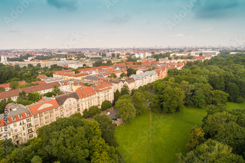 Aerial view of Treptower park and the skyline of Berlin, Germany photo
