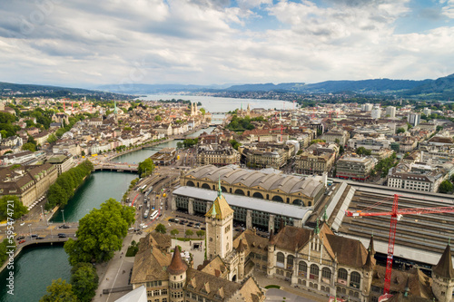 Aerial view of swiss national museum and the old city, Zurich