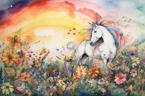 Paint a watercolor picture of a unicorn and a dragon playing together in a meadow filled with wildflowers, with a rainbow sky in the background
