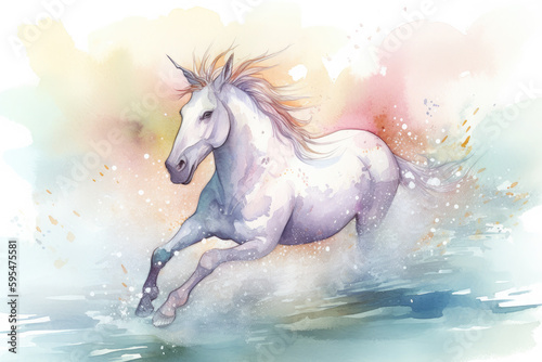 Draw a watercolor image of a unicorn galloping through a river, with the water droplets painted in soft, pastel colors