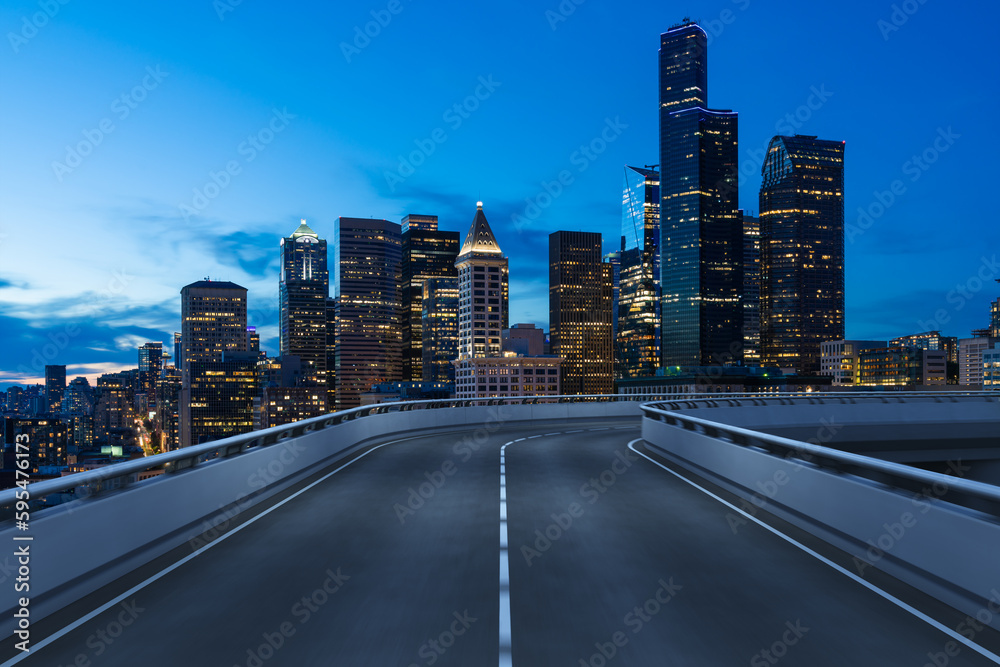 Fototapeta premium Empty urban asphalt road exterior with city buildings background. New modern highway concrete construction. Concept way to success. Transportation logistic industry fast delivery. Seattle. USA.