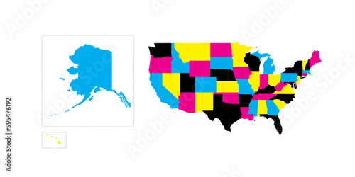 United States of America political map of administrative divisions - states and federal district Washington, D.C. Blank vector map in CMYK colors.