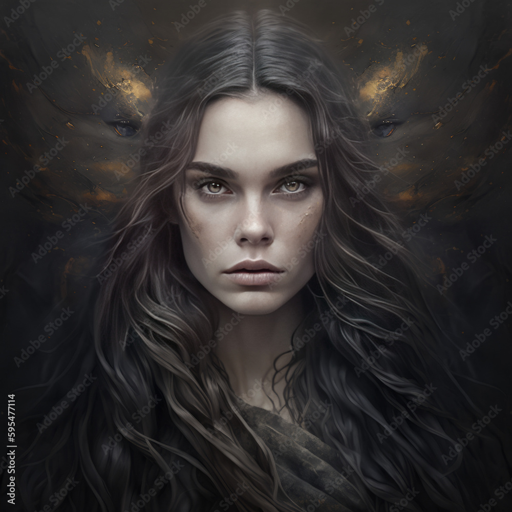 Naklejka premium Fashion dramatic Portrait of young beautiful woman. Digitally AI generated image