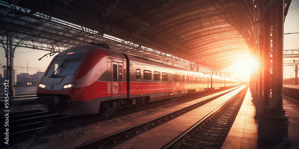 Naklejka premium High speed train in motion on the railway station at sunset. Fast moving modern passenger train on railway platform. Railroad with motion blur effect. Commercial transportation generated by AI.