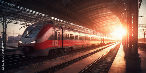 High speed train in motion on the railway station at sunset. Fast moving modern passenger train on railway platform. Railroad with motion blur effect. Commercial transportation generated by AI.