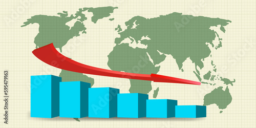 World crisis, decrease chart, moving down arrow on background global map. Chart of financial decline, global economic crisis, recession, decrease graph. Profit down. Vector financial economic design