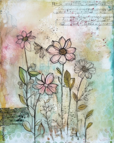 Fotografia, Obraz canvas fields handwrit closeup flowers wooden surface music notes card template