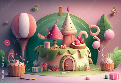 3d birthday background with fairytale elements 