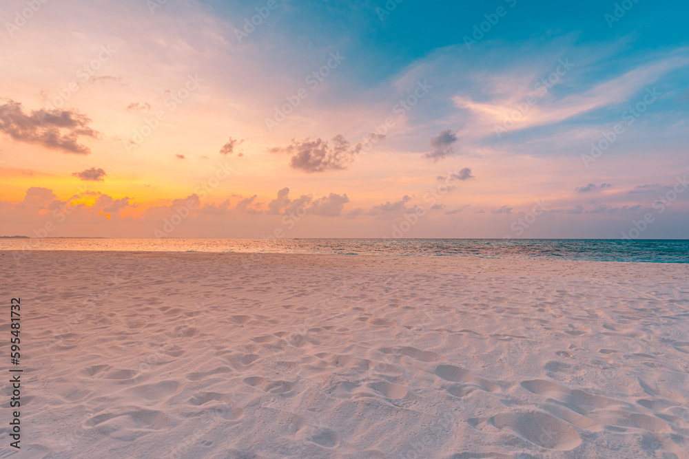 Beautiful nature closeup sand background. Tranquil beach landscape, calm sea colorful relaxing sunset sky clouds view. Natural aquatic tropical Mediterranean sundown. Inspire travel sunrise coast