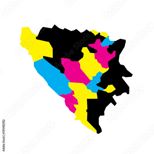 Bosnia and Herzegovina political map of administrative divisions - cantons of Federation of Bosnia and Herzegovina and Republika Srpska. Blank vector map in CMYK colors.