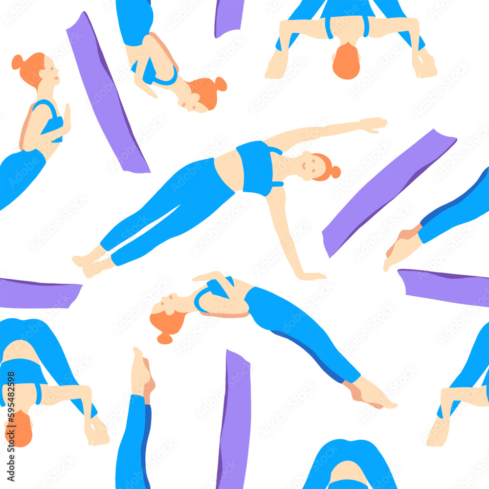 Training in yoga pose of rad hair European girl in blue tracksuit on a purple mat. Pilates, sport, health. Female, lady, woman. Vector illustration in cartoon flat style isolated on white background. Training in yoga pose of rad hair European girl in blue tracksuit on a purple mat. Pilates, sport, health. Female, lady, woman. Vector illustration in cartoon flat style isolated on white background.
