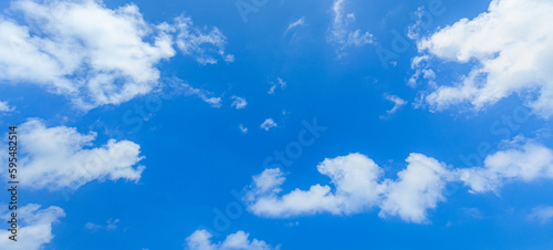 Cloudscape. Blue sky and white clouds  wide panorama. Beautiful nature pattern  positive energy meditation relaxation inspiration nature concept. Natural environment. Sunny blue sky