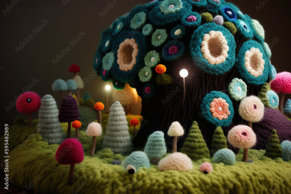 Abstract colorful knitted forest. Calming relaxing wallpaper. AI
