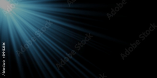 Vector blue sun light effect. Glowing sun rays on a black background.
